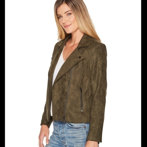 olive Faux Suede Scuba Moto Jacket - Picture 2 of 11